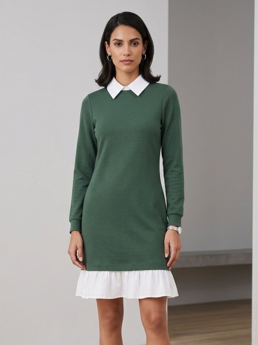 Ann Taylor Forest Green Mini Dress with Removable White Collar Has Pockets